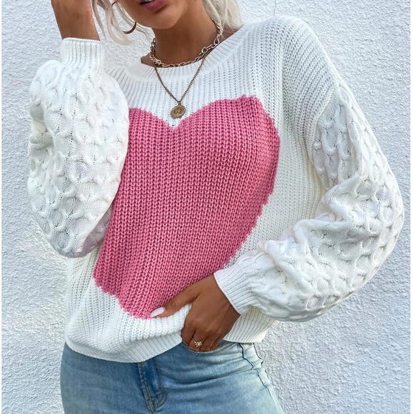 Cozy Heart Print Vday Valentine's Oversized Knit Sweater Top - Picture 2 of 5